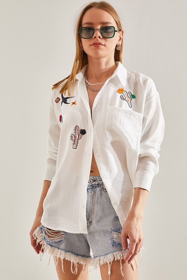 Bianco Lucci Bianco Lucci Women's Embroidered Linen Shirt