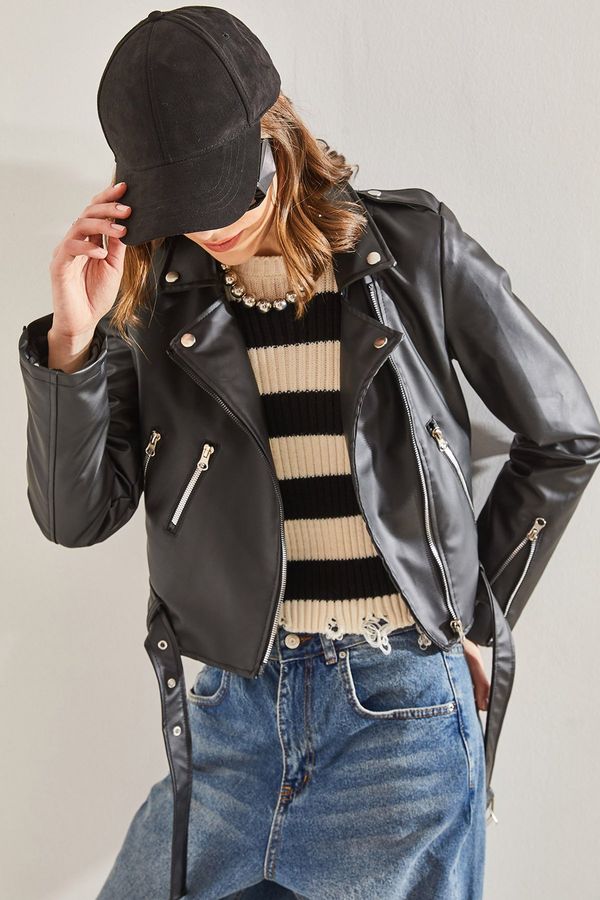 Bianco Lucci Bianco Lucci Women's Epaulette Sleeves Zippered Belt Leather Jacket