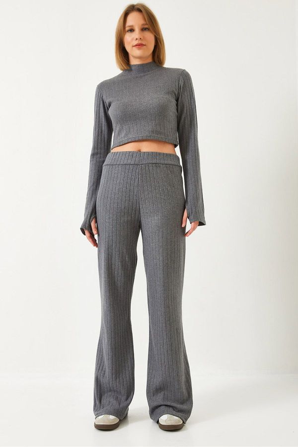 Bianco Lucci Bianco Lucci Women's Fingered Elastic Waisted Palazzo Pants Ribbed Bottom-Top Suit 0206