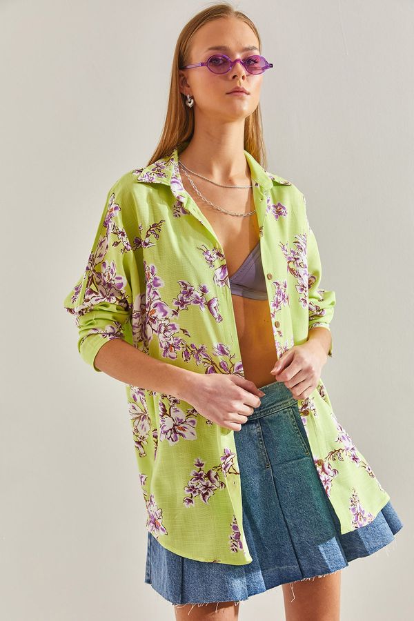 Bianco Lucci Bianco Lucci Women's Floral Patterned Casual Linen Shirt