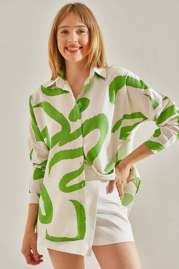 Bianco Lucci Bianco Lucci Women's Green-ecru Multi Patterned Linen Shirt