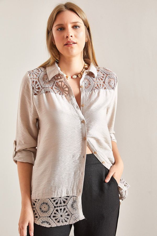 Bianco Lucci Bianco Lucci Women's Lace Patterned Fold Sleeve Shirt