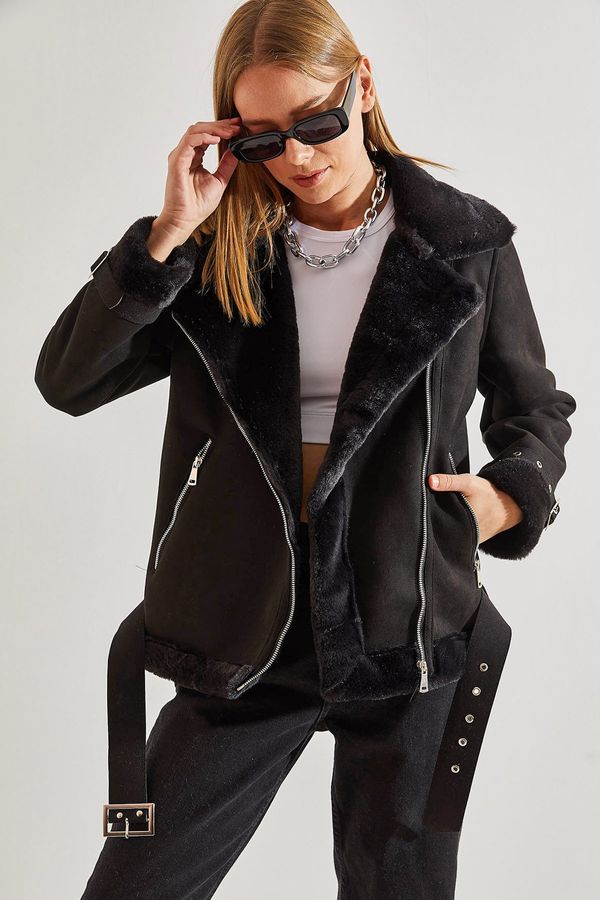 Bianco Lucci Bianco Lucci Women's Laminated Suede Coat with Shearling Belts and Sheaths.