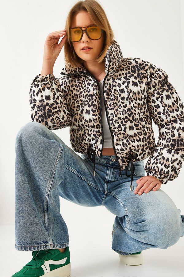 Bianco Lucci Bianco Lucci Women's Leopard Print Waist Tied Elastic Sleeves Puffer Coat 938150