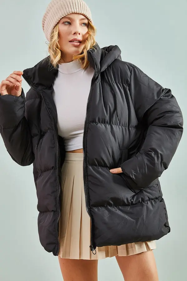 Bianco Lucci Bianco Lucci Women's Long puffer jacket with a Lace-up hood.