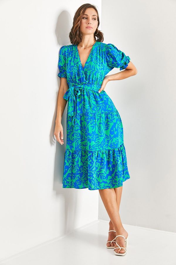 Bianco Lucci Bianco Lucci Women's Multi Patterned Belted Dress with Elastic Sleeves.