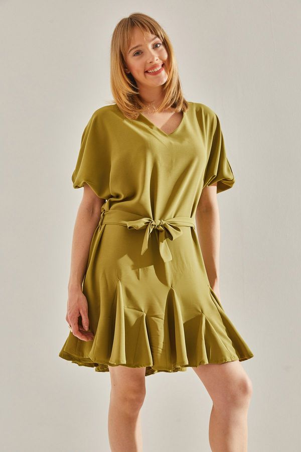 Bianco Lucci Bianco Lucci Women's Oil Green Ruffle Detailed V-Neck Belted Dress