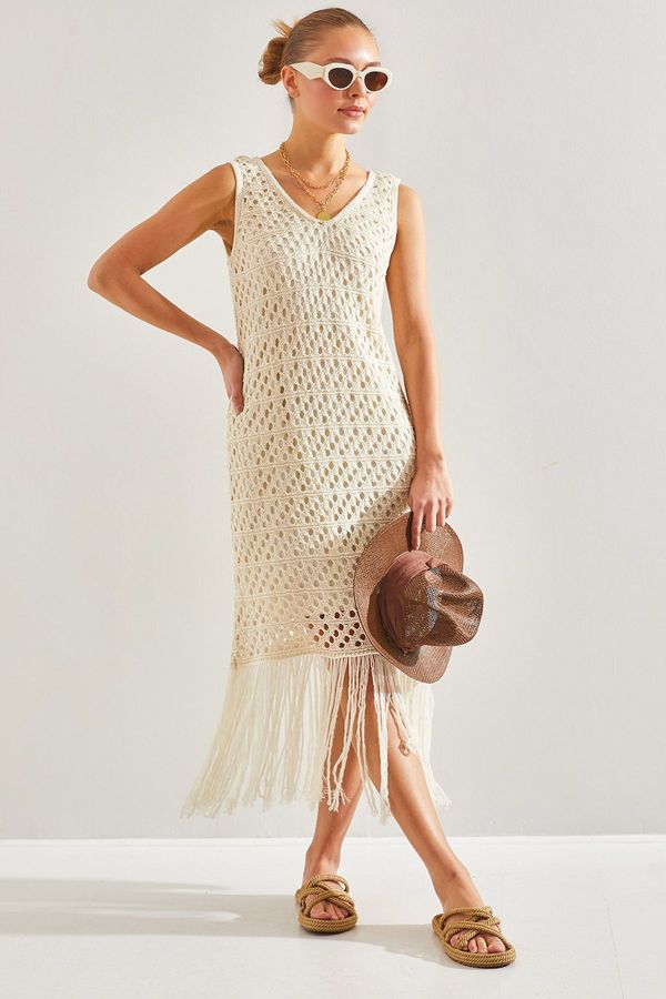 Bianco Lucci Bianco Lucci Women's Openwork Lined Tasseled Knitwear Dress