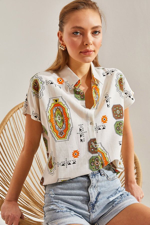 Bianco Lucci Bianco Lucci Women's Patterned Bat Sleeve Linen Shirt