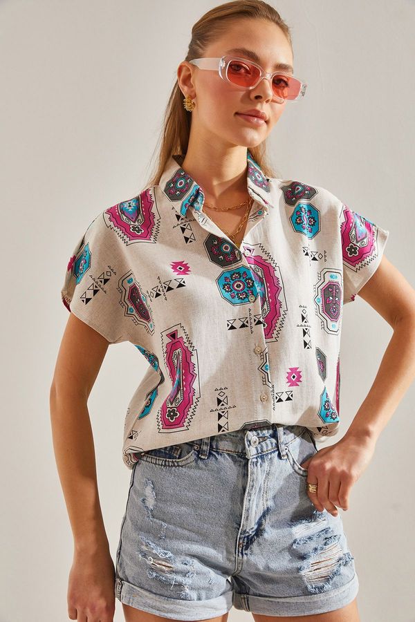 Bianco Lucci Bianco Lucci Women's Patterned Bat Sleeve Linen Shirt