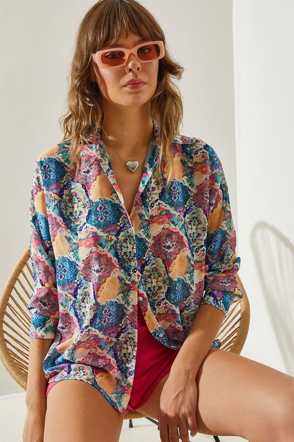 Bianco Lucci Bianco Lucci Women's Patterned Long Sleeve Chiffon Crepe Shirt