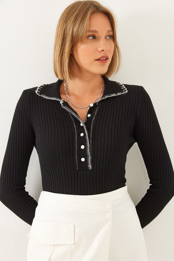Bianco Lucci Bianco Lucci Women's Polo Collar Buttoned Knitwear Sweater