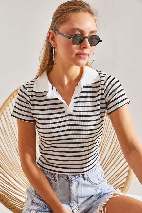 Bianco Lucci Bianco Lucci Women's Polo Neck Striped Blouse