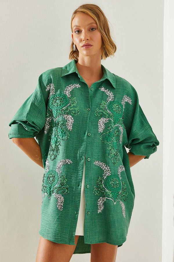 Bianco Lucci Bianco Lucci Women's Sequined Embroidered Patterned Oversize Shirt 5932