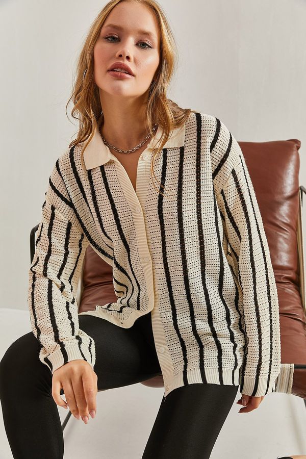 Bianco Lucci Bianco Lucci Women's Shirt Collar Long Sleeve Striped Cardigan