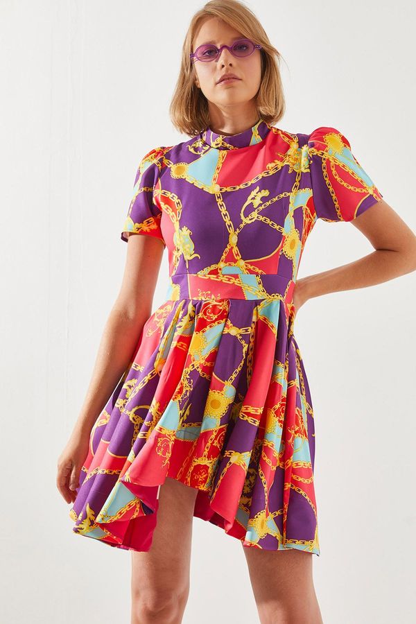 Bianco Lucci Bianco Lucci Women's Short Front Long Back Pleated Skirt Chain Pattern Dress 21257