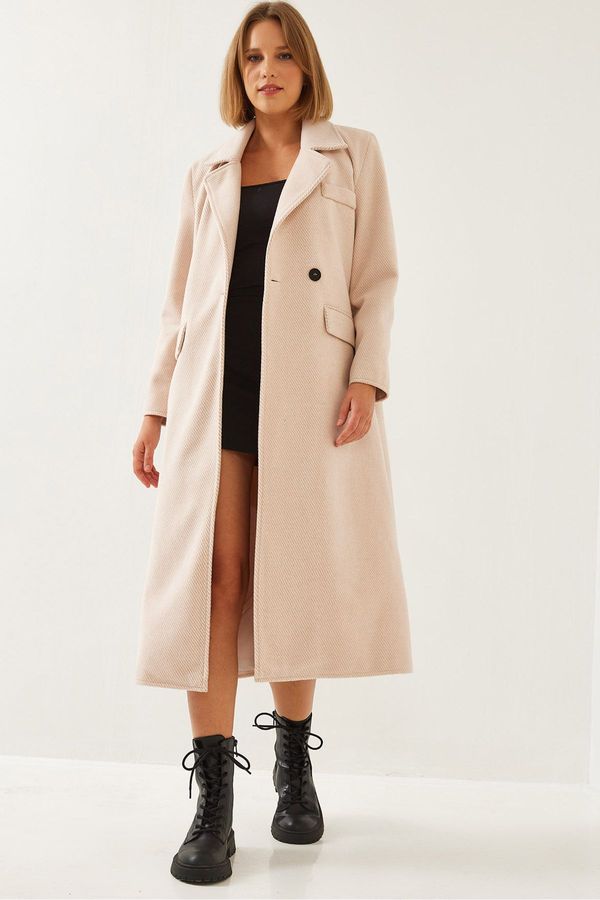 Bianco Lucci Bianco Lucci Women's Sleeve Badge Detail Long Cashmere Coat 2496