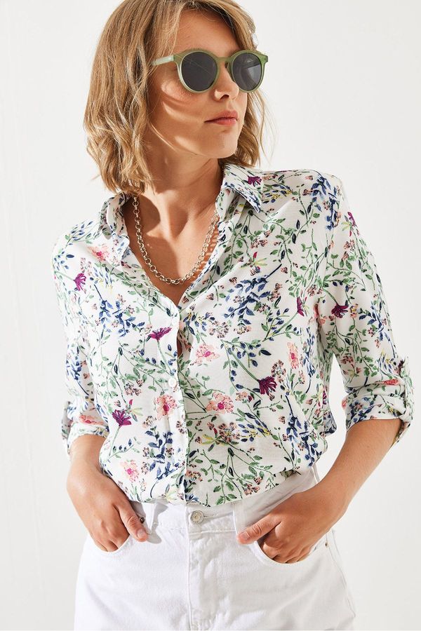 Bianco Lucci Bianco Lucci Women's Sleeve Folded Floral Patterned Shirt