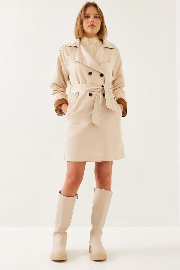 Bianco Lucci Bianco Lucci Women's Sleeve Garni Detailed Belted Trench Coat 2447