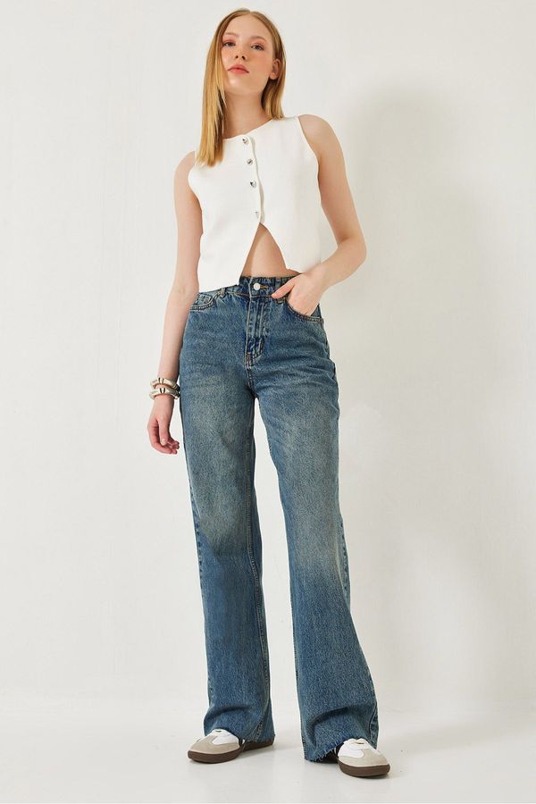 Bianco Lucci Bianco Lucci Women's Straight Wide High Waist Cut Leg Long Denim Washed Trousers