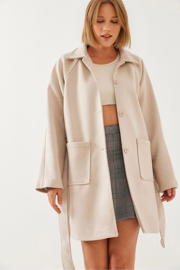 Bianco Lucci Bianco Lucci Women's Striped Lining Detail Belted Suede Trench Coat 2601