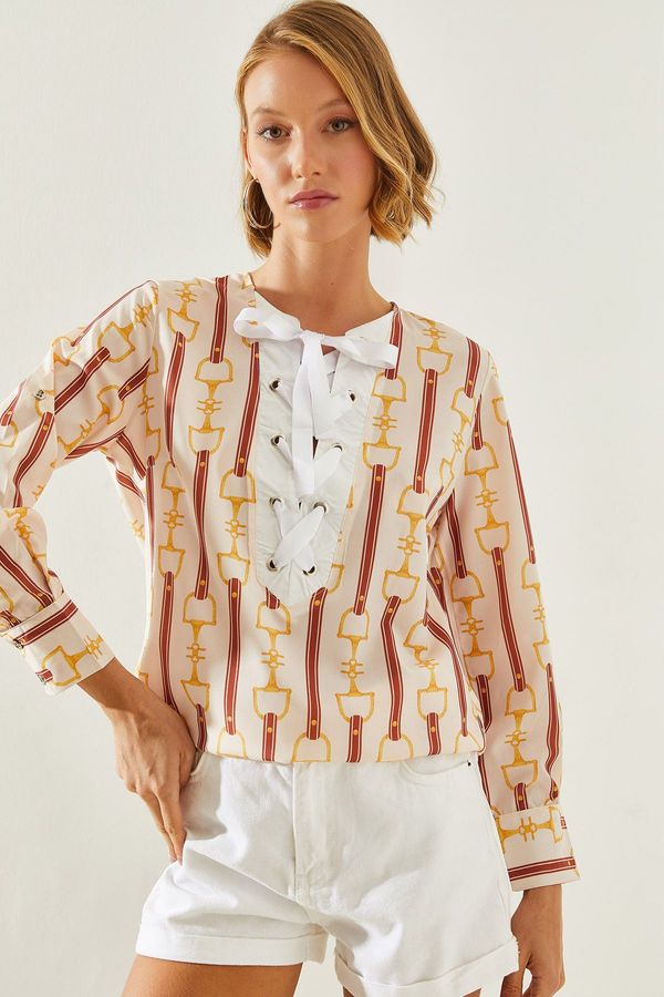 Bianco Lucci Bianco Lucci Women's Tied Collar Patterned Blouse 2266