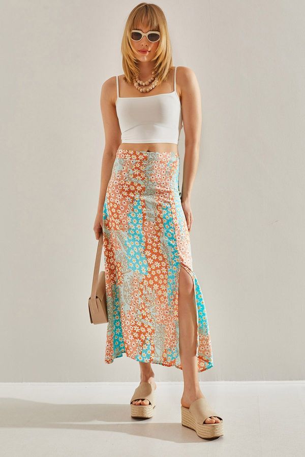 Bianco Lucci Bianco Lucci Women's Turquoise-orange Floral Skirt with Side Hidden Zipper and Slit