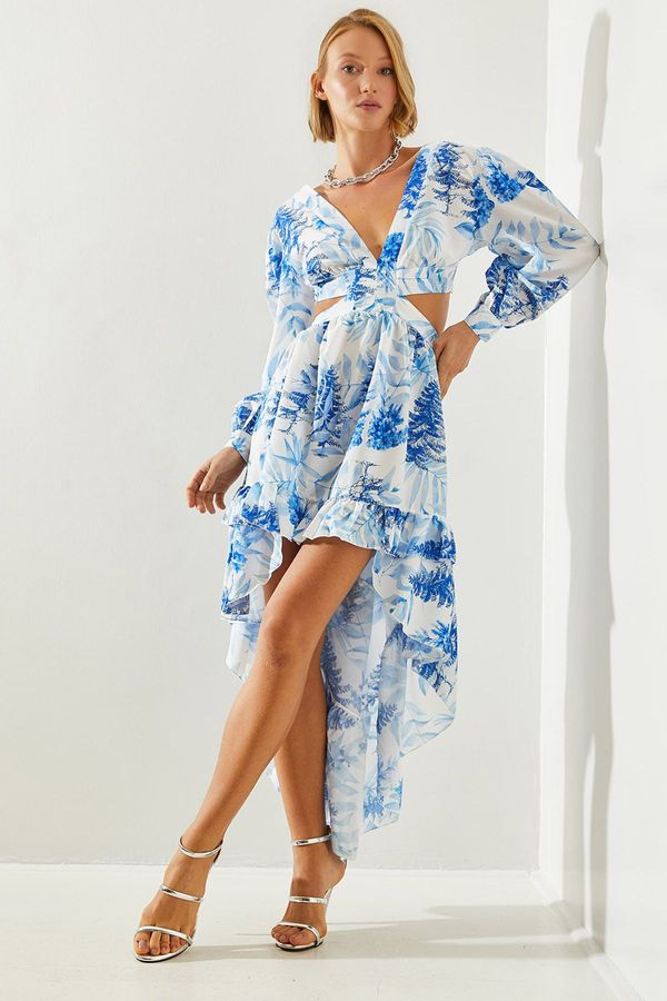 Bianco Lucci Bianco Lucci Women's V-Neck Short Front Long Back Low-Cut Detail Patterned Dress 22273