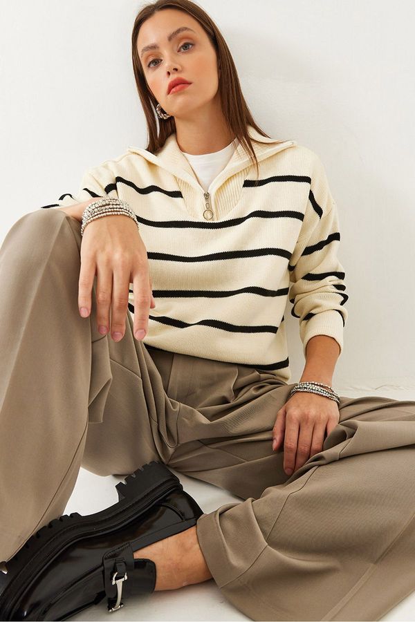 Bianco Lucci Bianco Lucci Women's Zipper Turtleneck Striped Knitwear Sweater