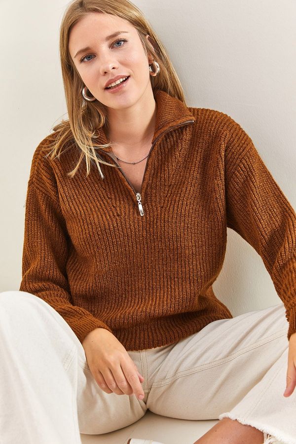 Bianco Lucci Bianco Lucci ženski pulover z zadrgo Turtleneck prevelik pulover za pletenine