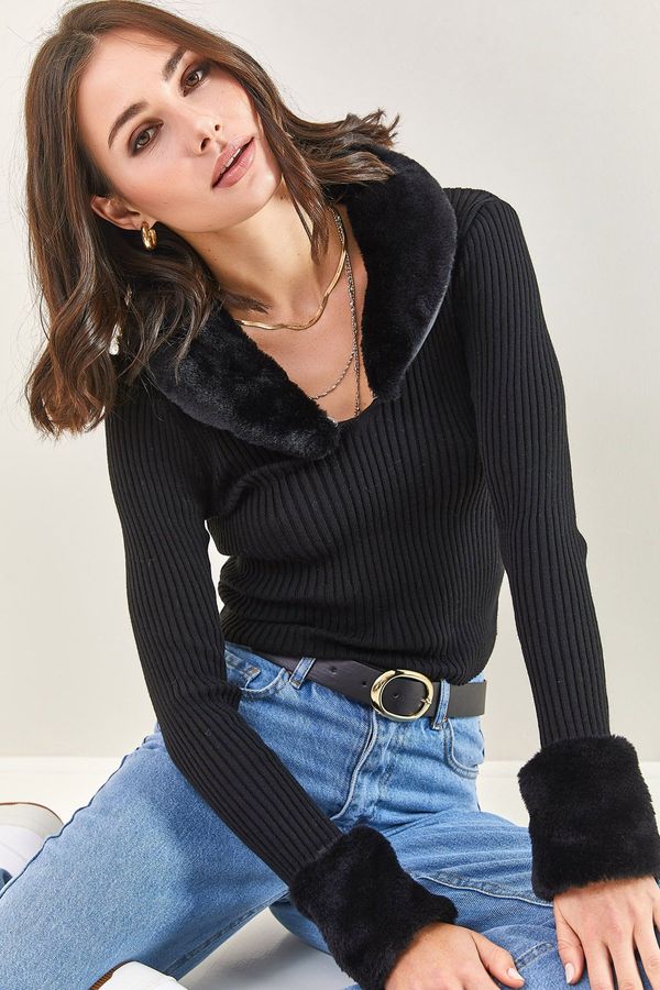 Bianco Lucci Bianco Lucci ženski pulover za pletenine s strižnimi krznenimi rokavi in ovratnikom.