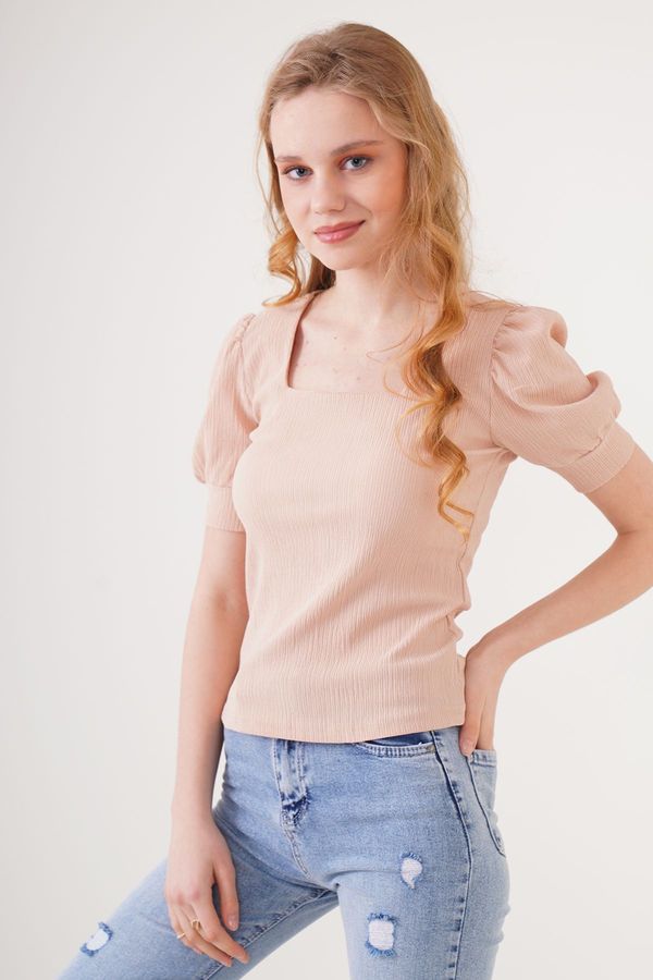 Bigdart Bigdart 0409 Square Neck Knitted Blouse - Biscuit