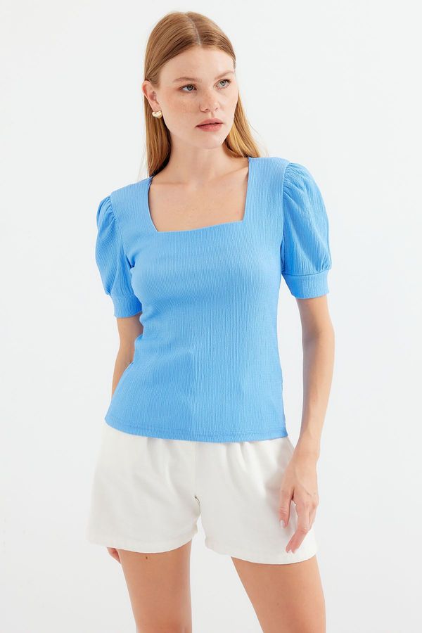 Bigdart Bigdart 0409 Square Neck Knitted Blouse - Blue