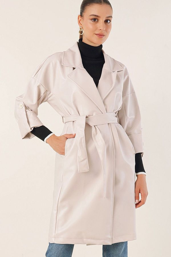 Bigdart Bigdart 1034 Belted Faux Leather Trench plašč - Ecru