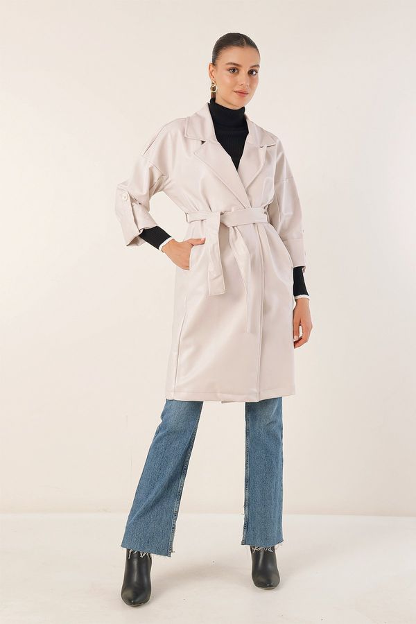 Bigdart Bigdart 1034 Belted Faux Leather Trench plašč - Ecru