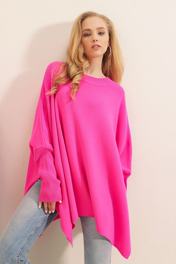 Bigdart Bigdart 15783 Pulover Slit Poncho - Fuksija