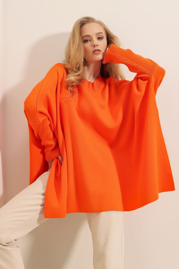 Bigdart Bigdart 15783 Slit Poncho Sweater - Orange