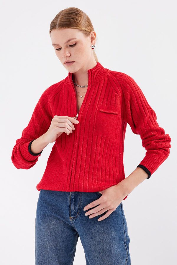 Bigdart Bigdart 15863 Zippered Knitwear Cardigan - Red