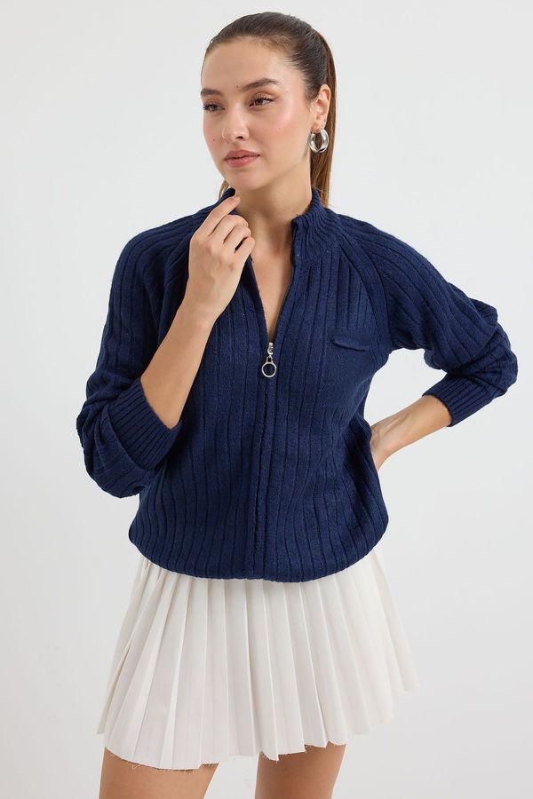 Bigdart Bigdart 15880 Zippered Knitwear Cardigan - Navy Blue