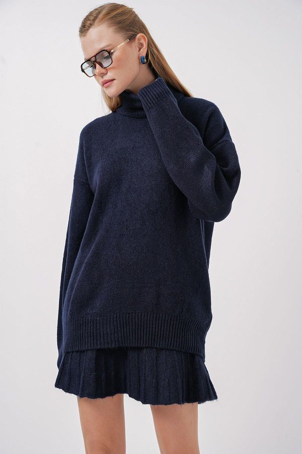 Bigdart Bigdart 15891 Sweater Skirt Knitwear Two Piece Set - Navy Blue