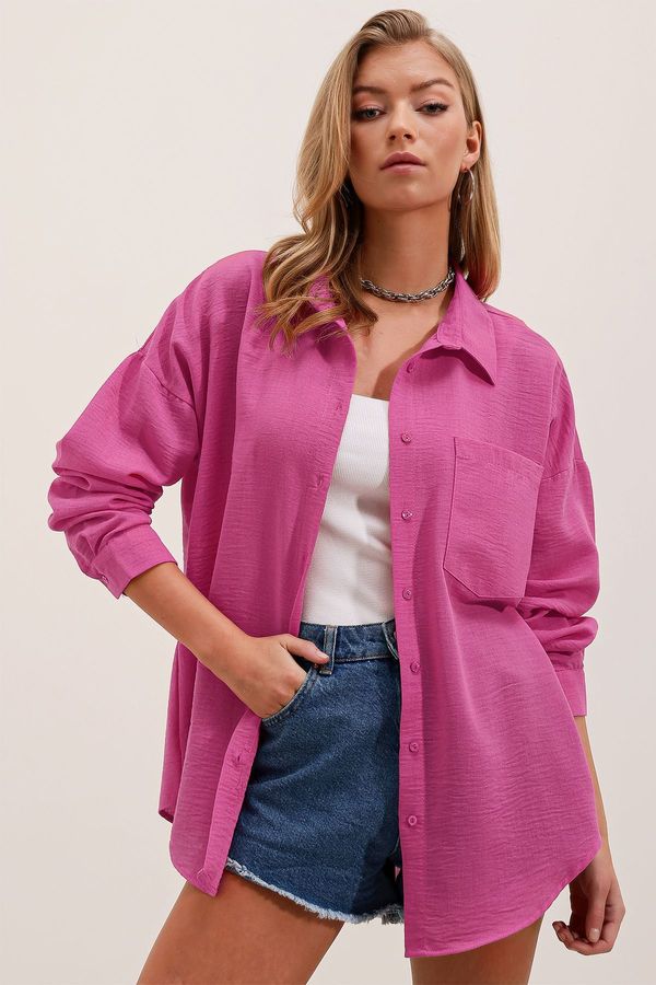 Bigdart Bigdart 20153 Single Pocket Oversize Linen Shirt - A.Fuchsia
