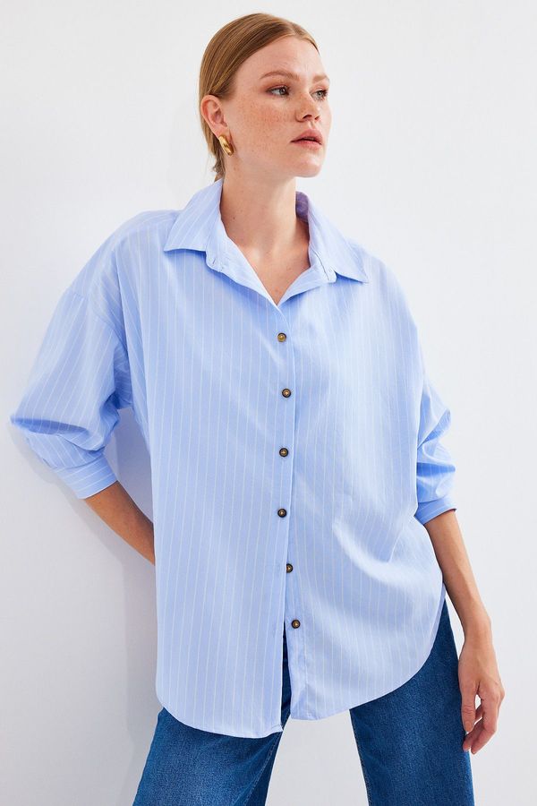 Bigdart Bigdart 20208 Striped Oversize Long Basic Shirt - Blue