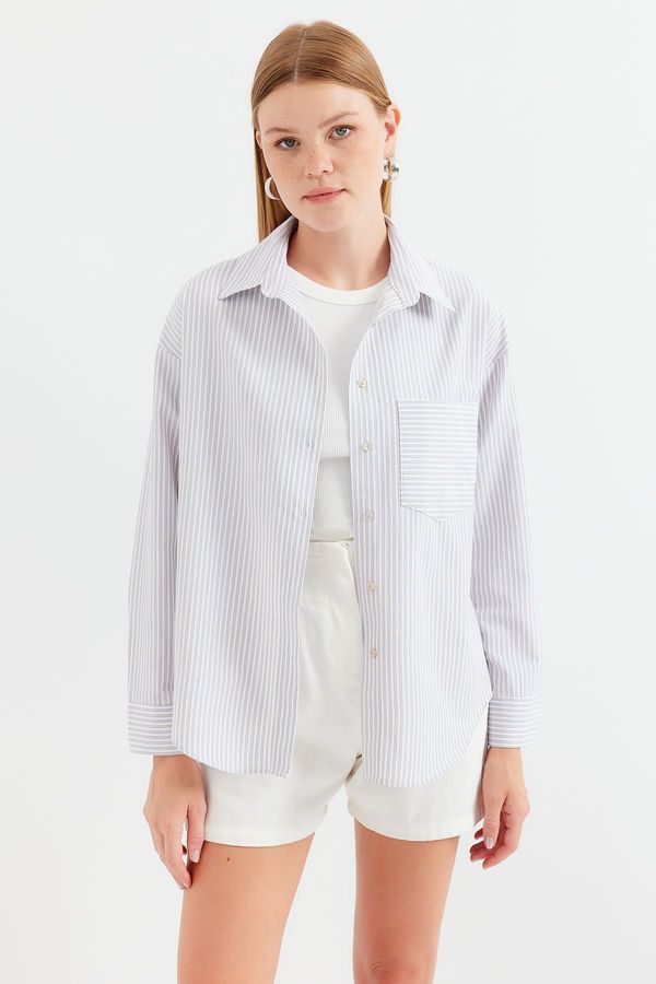 Bigdart Bigdart 20212 Single Pocket Striped Oversize Shirt - Beige