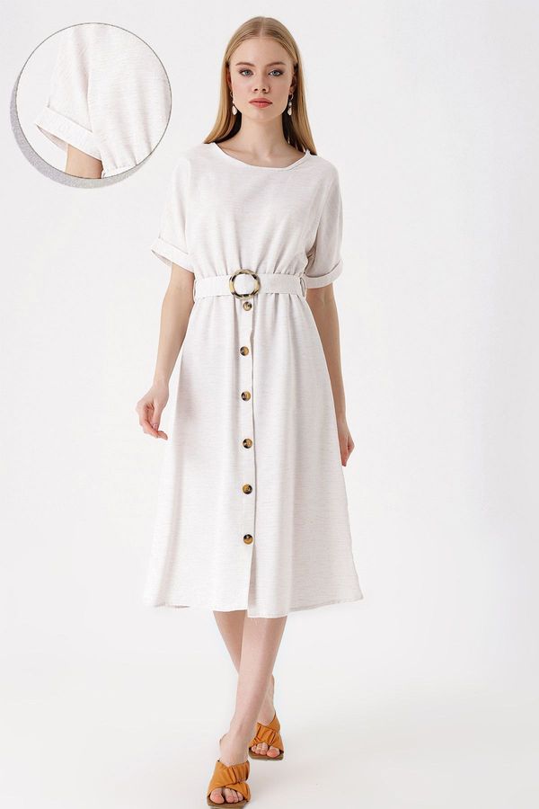 Bigdart Bigdart 2389 Belted Linen Dress - Ecru