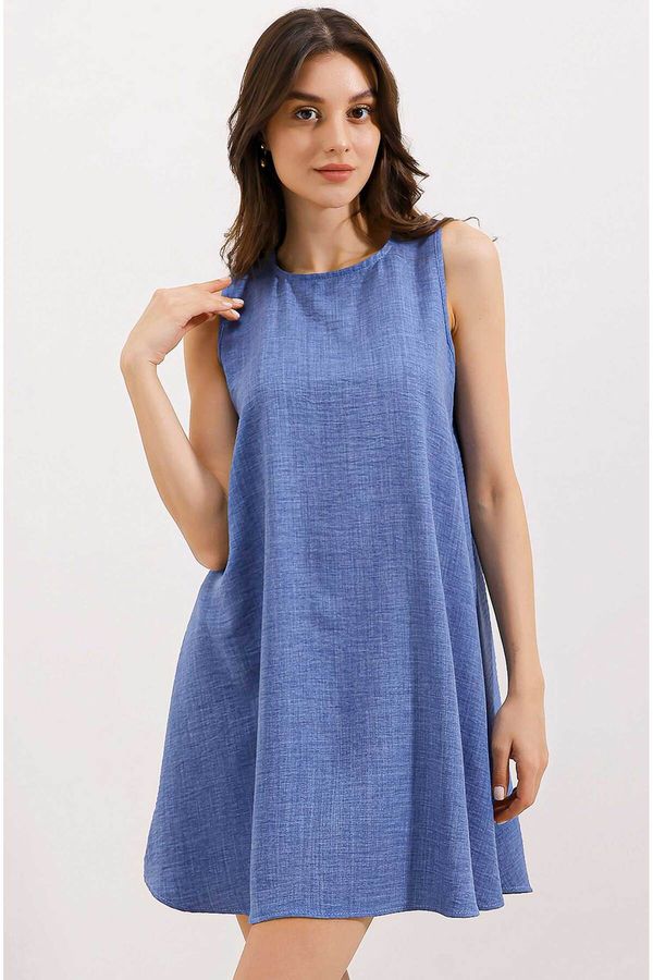 Bigdart Bigdart 2444 Detailed Mini Linen Dress - Blue