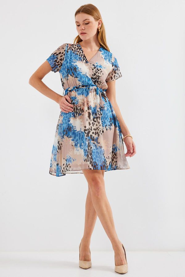 Bigdart Bigdart 2502 Short Sleeve Patterned Chiffon Dress - Blue