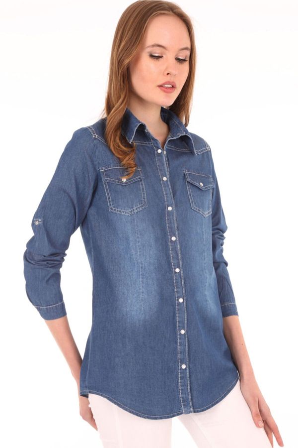 Bigdart Bigdart 3411 Double Pocket? Checkered Denim Shirt - Dark Blue