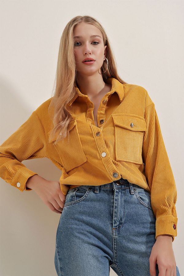 Bigdart Bigdart 3865 Striped Velvet Shirt - Mustard