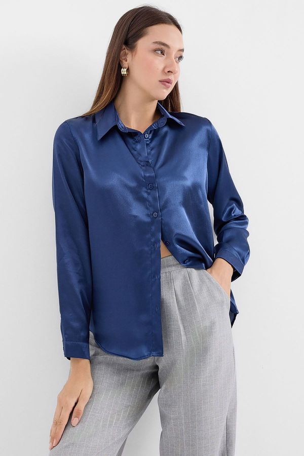 Bigdart Bigdart 3964 Lightly Flowy Satin Shirt - Navy Blue