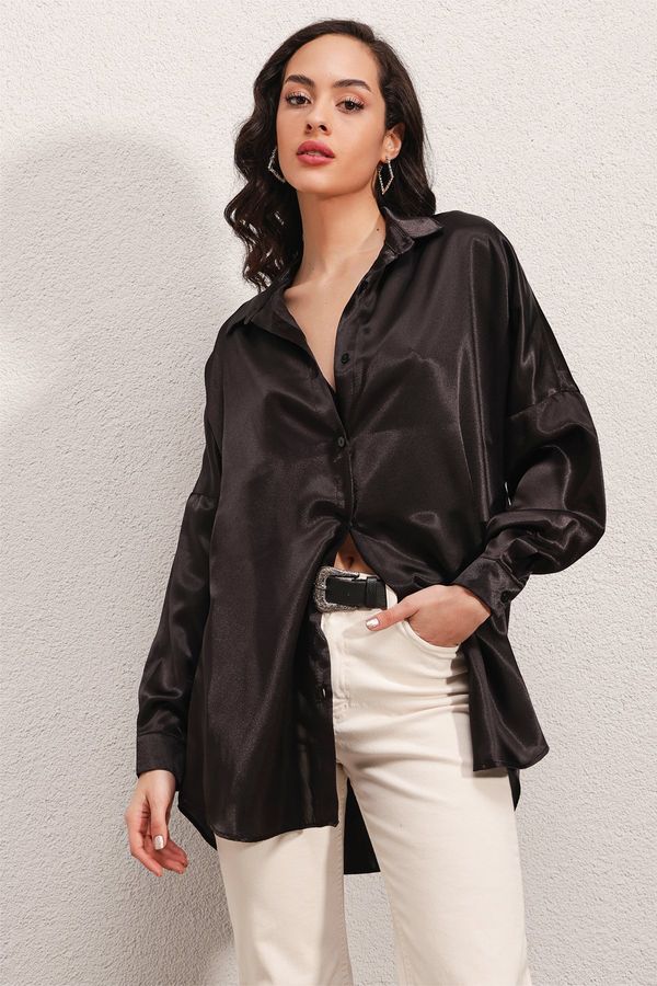 Bigdart Bigdart 3985 Oversize Satin Shirt - Black